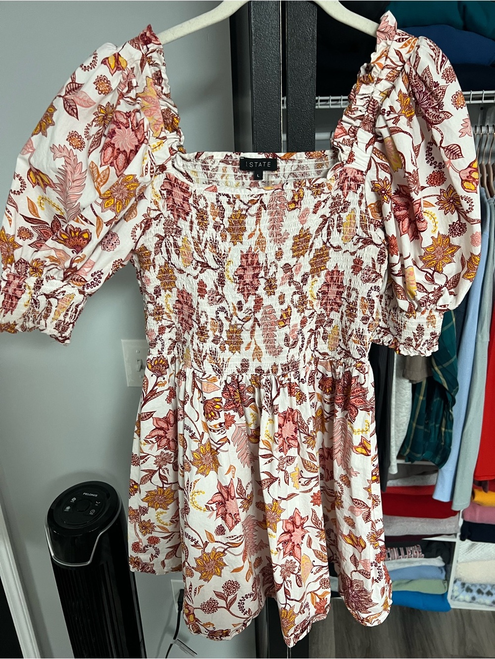 STATE White Floral Smocked Mini Dress with Pink & Mustard Print